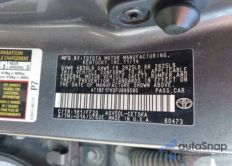 2015 Toyota Camry Se из США, поврежденный, VIN 4T1BF1FK0FU889580